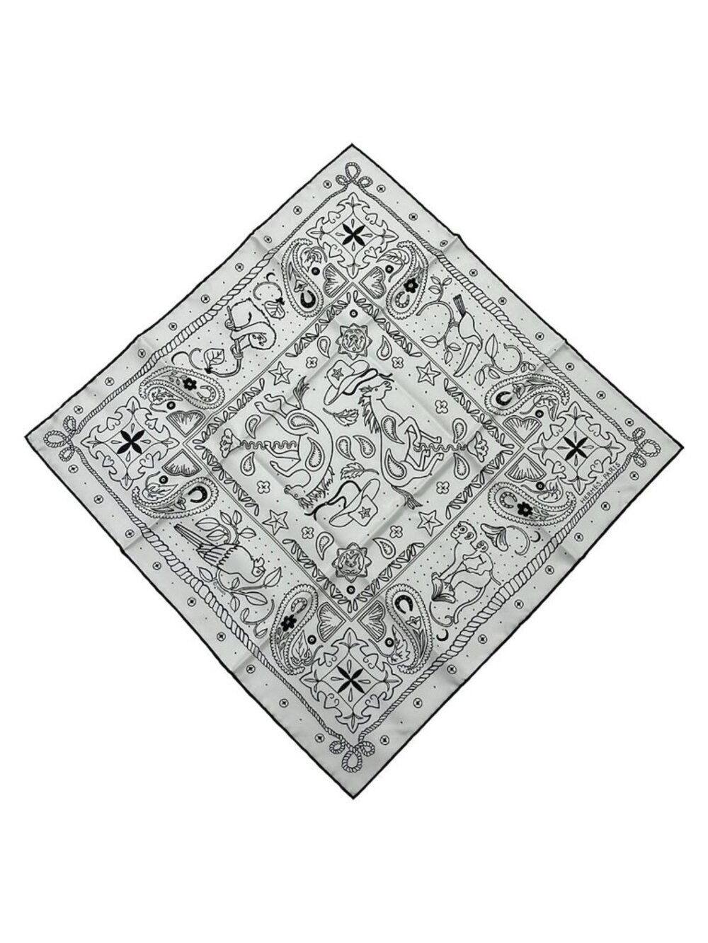 Hermes Scarf Carre 55 Blanc Noir Animal Bandana